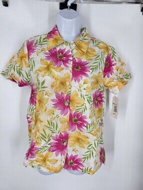 Victoria Jones Vintage Tropical Floral Button Up Shirt Small Pink Yellow Cotton